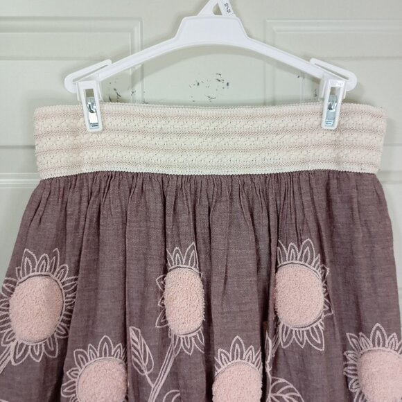 Sunflower Skirt Size L Embroidered Pink & Beige 100% Cotton Smocked Waist Women - Picture 3 of 9